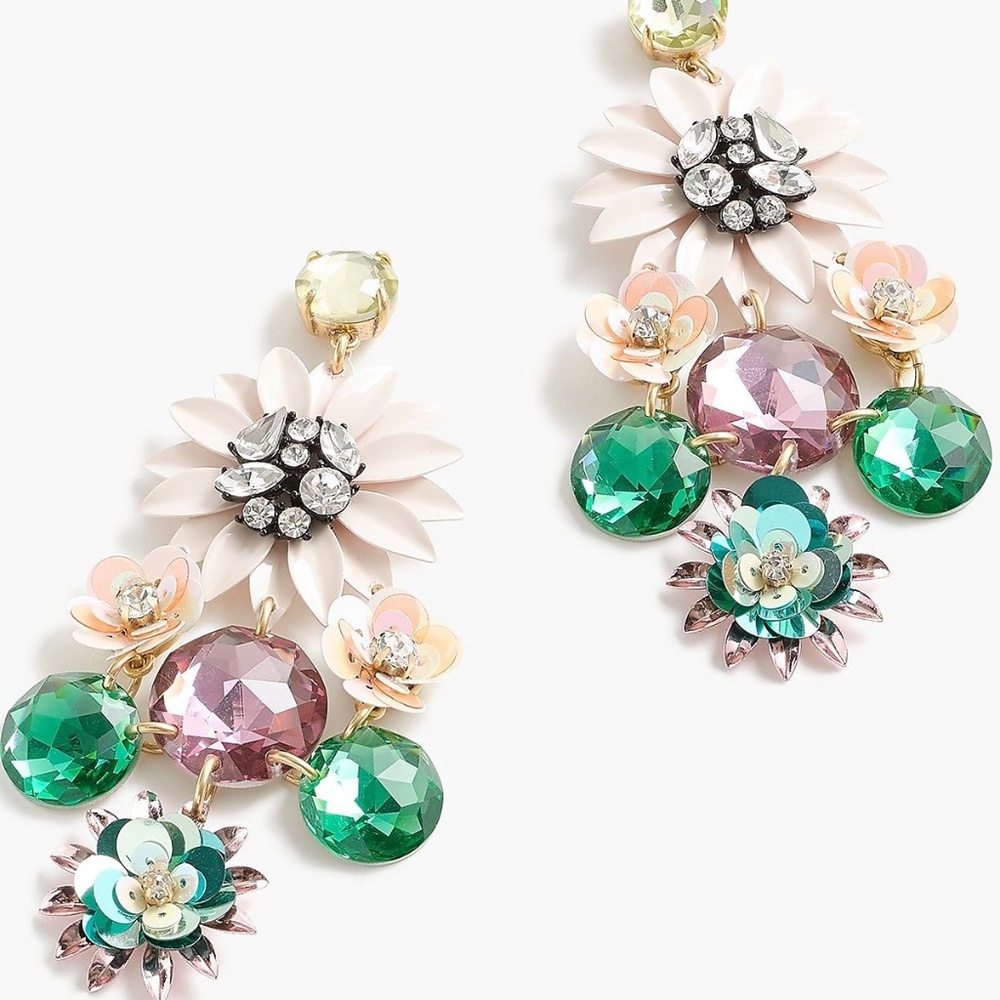 J Crew sequin and crystal flower earrings, clip